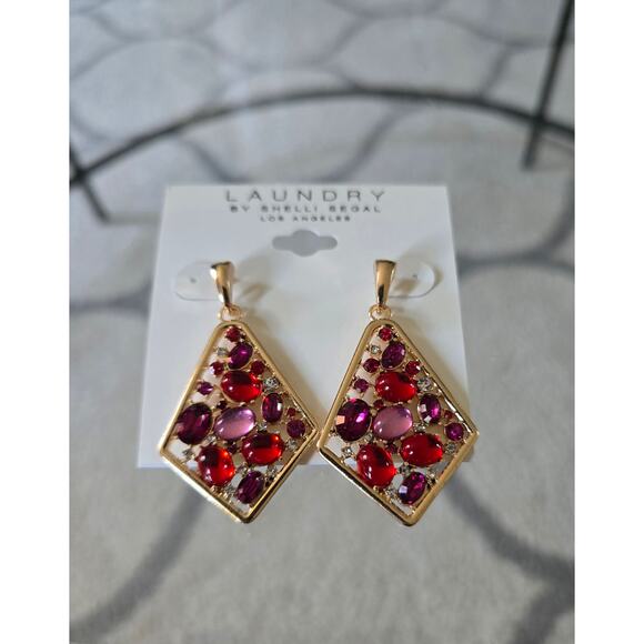 Laundry By Shelli Segal Gold Pink Red Stone Earrings New - Picture 1 of 4